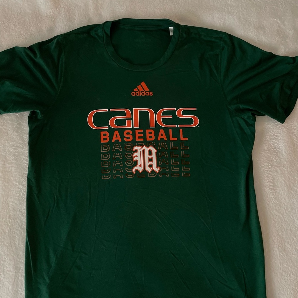 Miami Hurricanes men’s baseball team-issued green Adidas Aeroready T-shirt